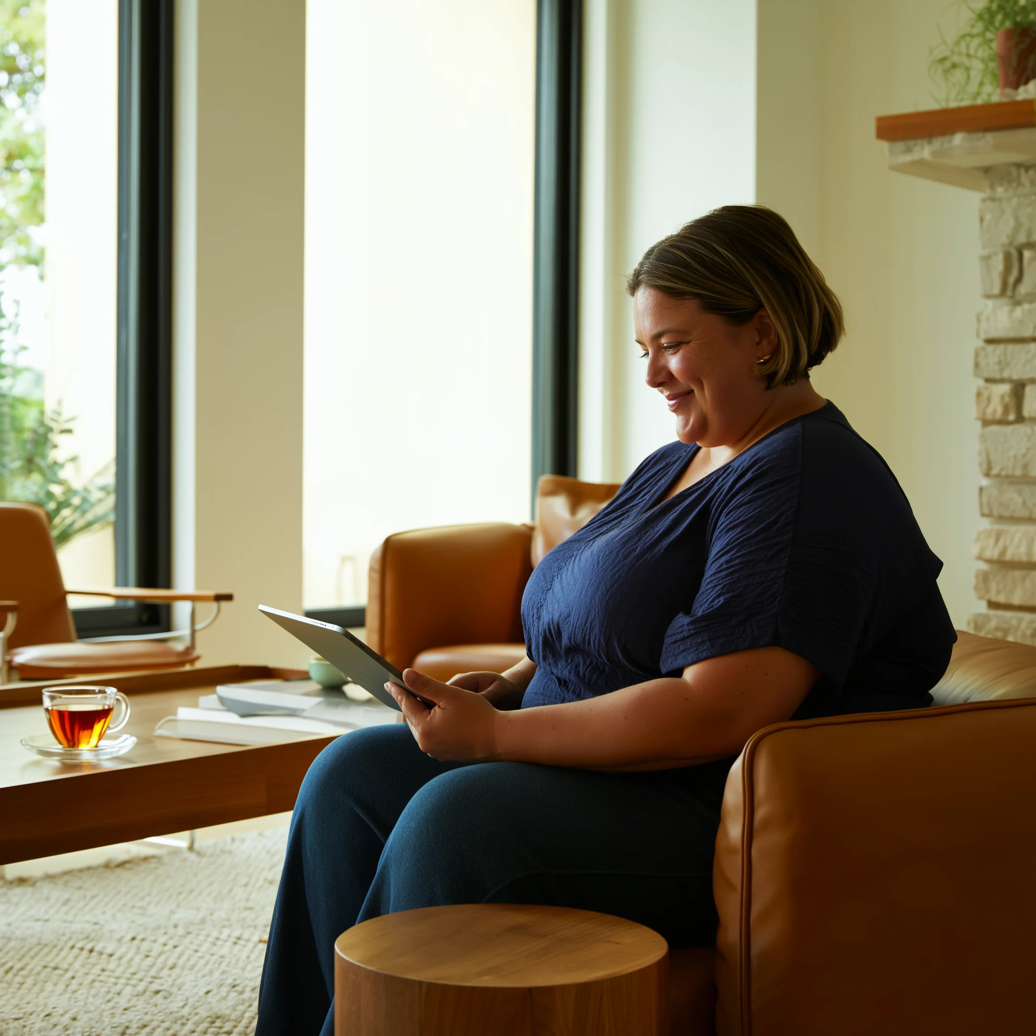Thoughtful person taking a self-assessment quiz in a comfortable Australian home setting