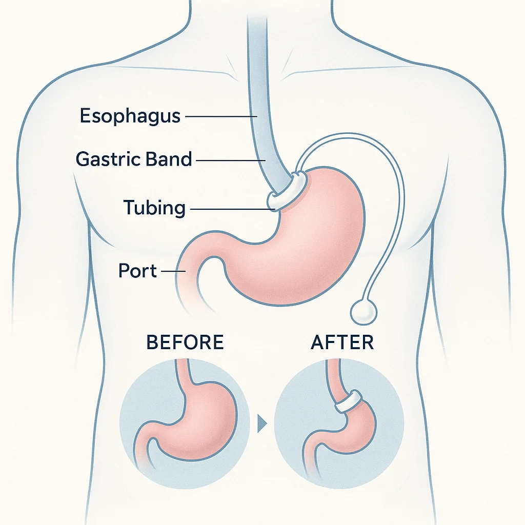 Medical illustration showing gastric band procedure with adjustable silicone band around stomach