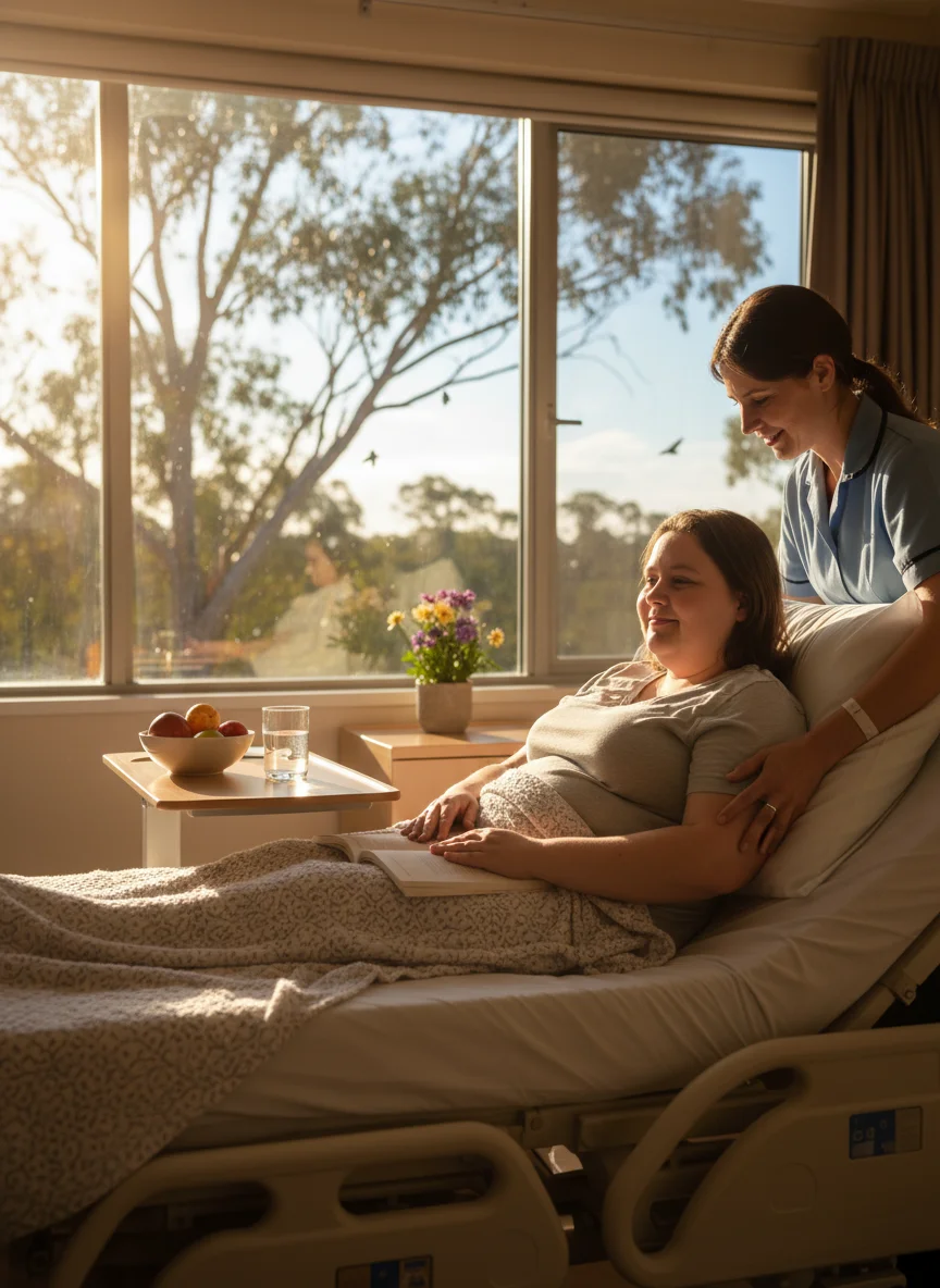 Patient in hospital bed during early recovery phase with medical monitoring