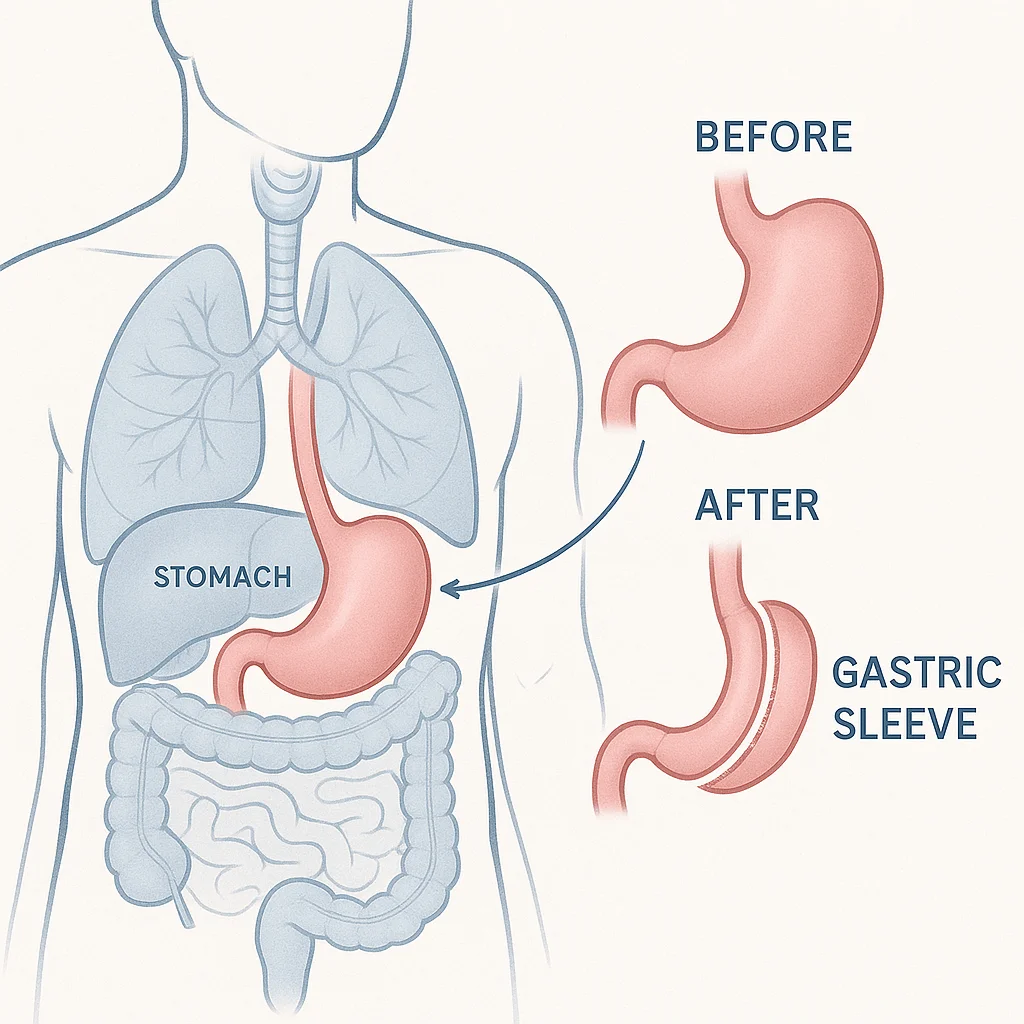 Professional medical illustration showing gastric sleeve procedure with before/after stomach comparison